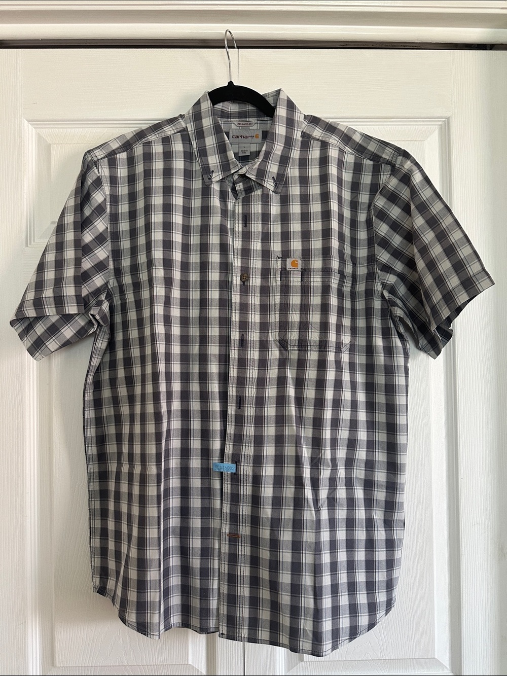Carhartt Men's Gray and White Plaid Short-Sleeve Button-Down Shirt